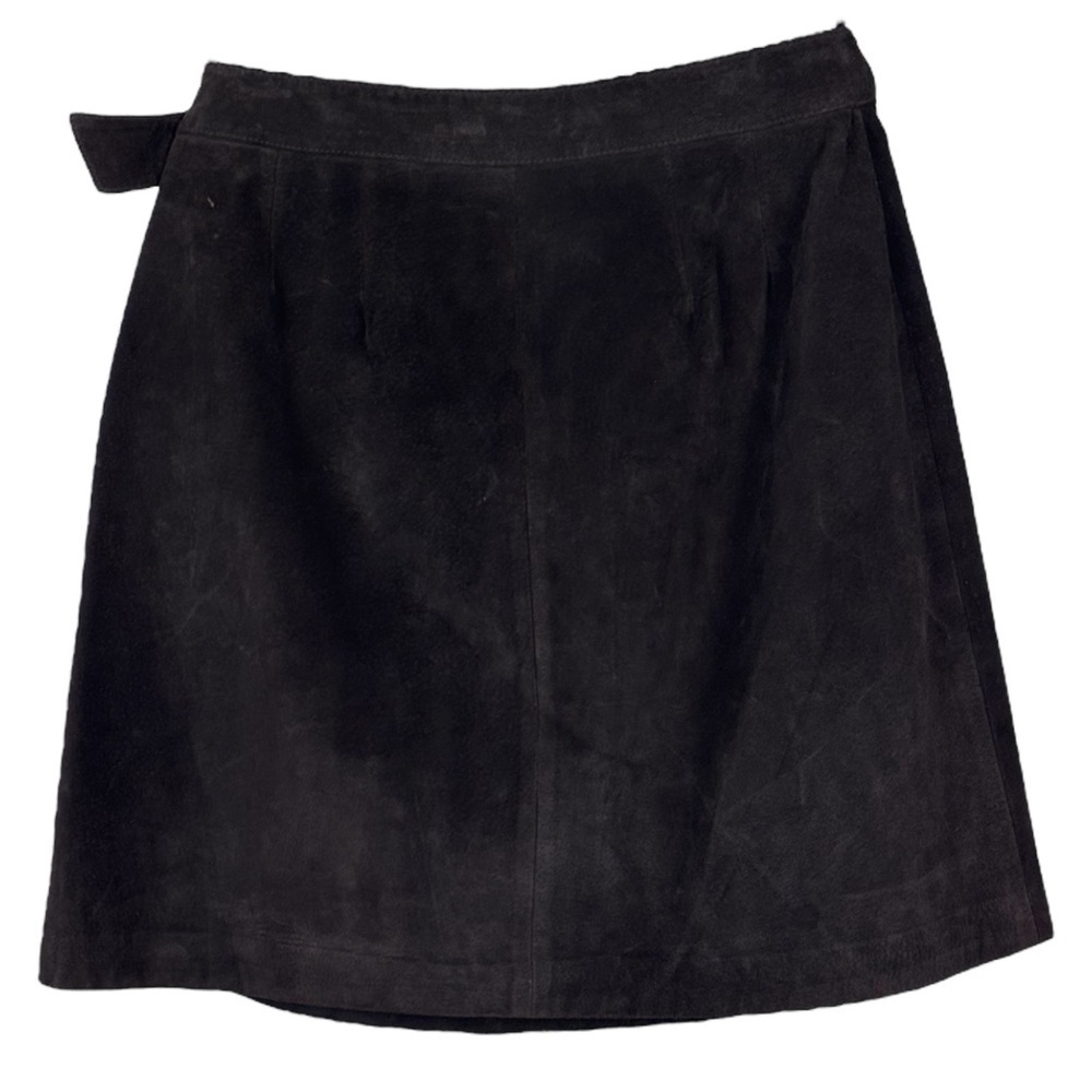 VINTAGE 90s ANN TAYLOR SUEDE LEATHER CHOCOLATE BROWN WRAP MINI SKIRT - Picture 4 of 10